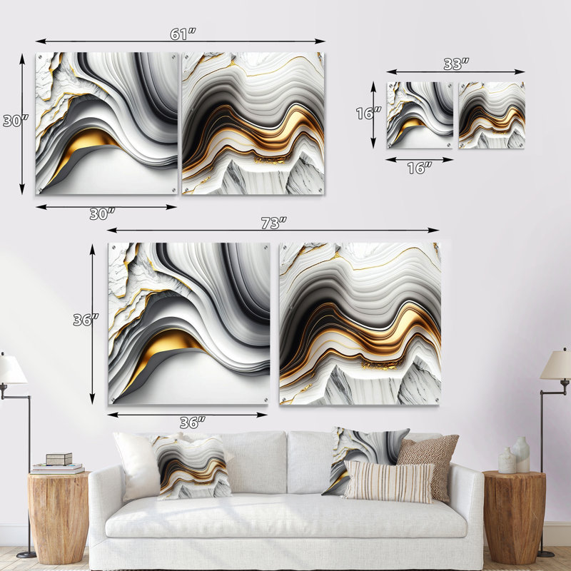 «Abstract Geode Waves Grey I», ensemble de 2 peintures murales abstraites en acrylique, H 30 po x l 61 po