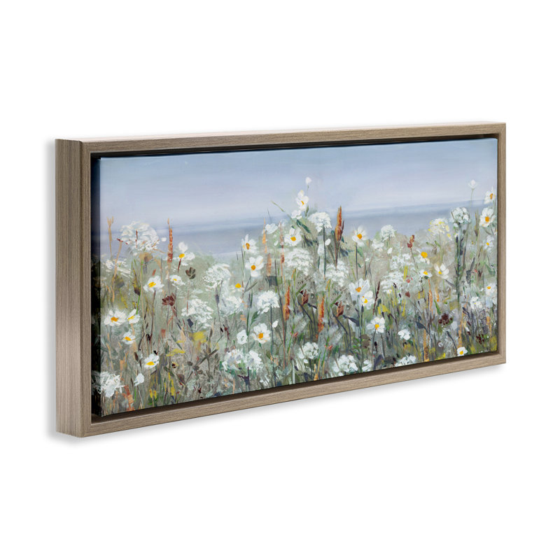 Champ de fleurs et mer au-delà, H 14 po x l 31 po, Cadre flottant orme Montalcino