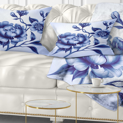 Blue Peony Rose and Sakura Flowers - Floral Printed Throw Pillow