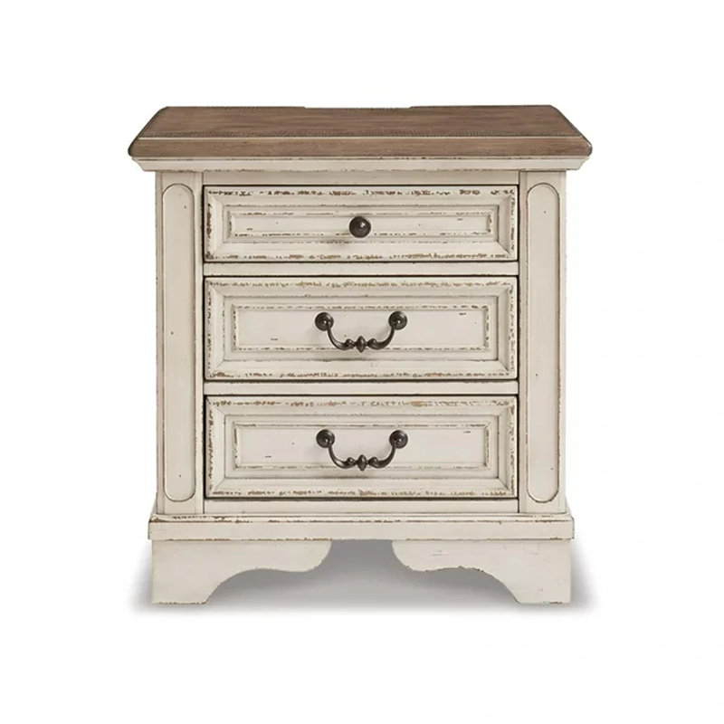 Chipped White & Distressed Wood 3-Drawer Nightstand with USB Ports