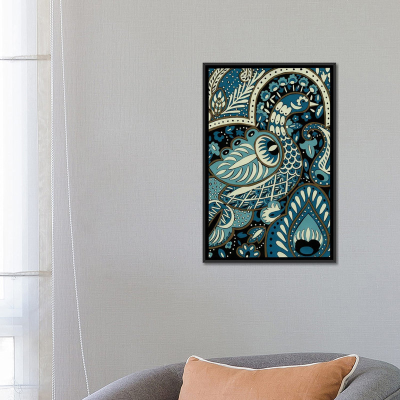 «Indigo Peacock I», impression sur toile, Toile avec cadre noir, H 26 po x l 18 po x P 1,5 po, Pas de tapis