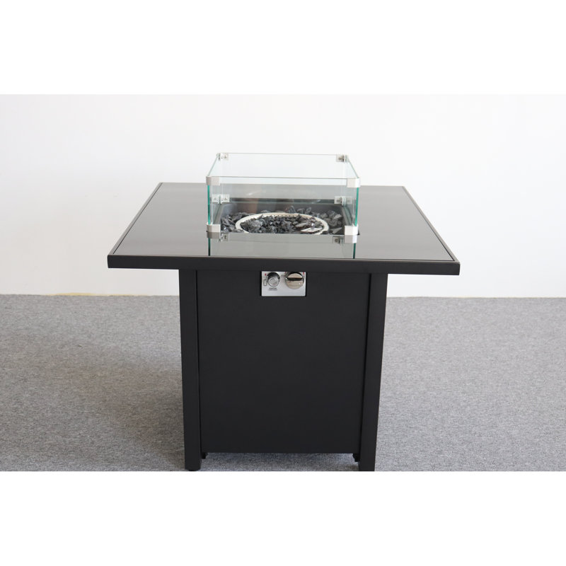 Black Steel Fire Pit With 40,000 Flame - Heat Glass Included Modern Smoked Top Burning Rate