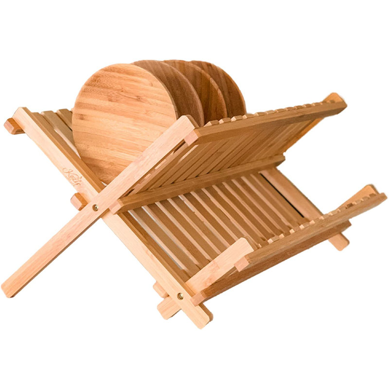 Natural Bamboo Foldable Dish Drying Rack with Two Tiers