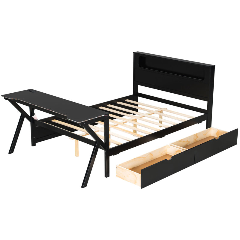 Miche Wooden Gaming Platform Bed with Desk, LED Light, USB & Drawers, Full