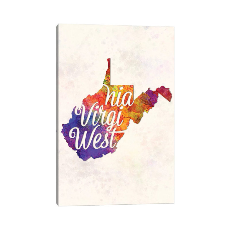 West Virginia US State In Watercolour Text Cut Out by Paul Rommer - Wrapped Canvas Painting, 30.48cm H x 20.32cm W x 1.91cm D