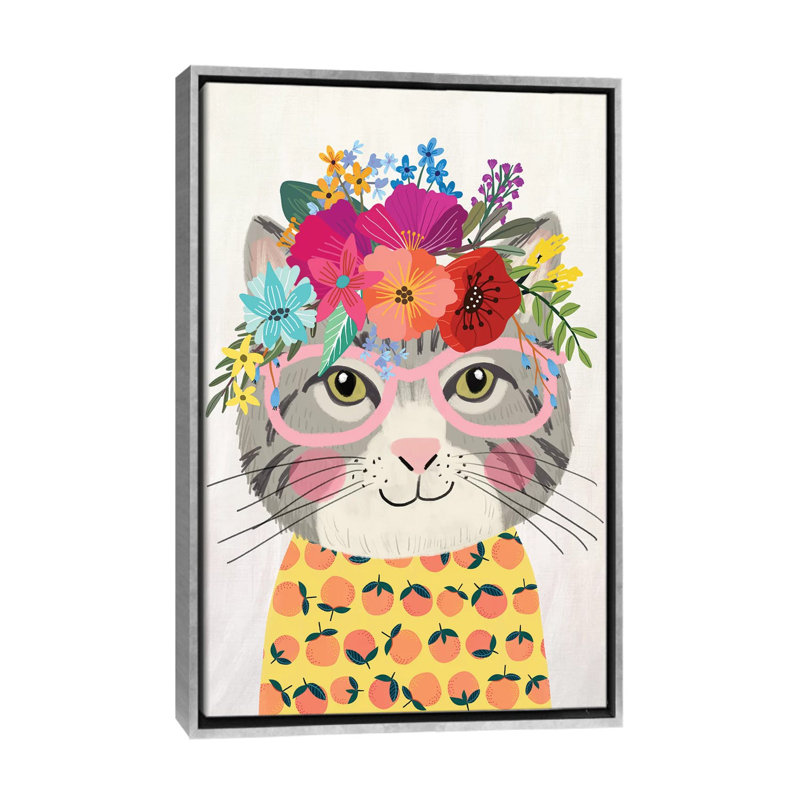 « Grey Cat II » par Mia charro-impression d’art graphique, H 60 po x l 40po x P 1,5 po, Toile avec cadre argenté