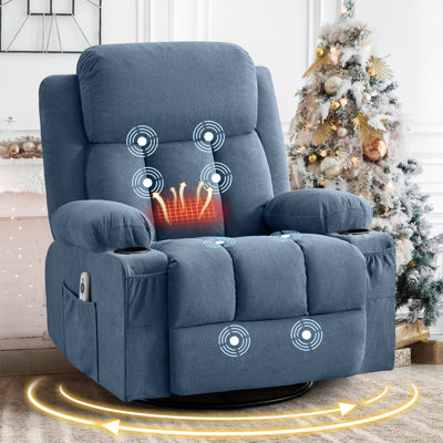Fauteuil inclinable et pivotant avec massage par vibration et chaleur pour le salon, avec fonction berçante et poche latérale, port de charge USB, 2 porte-gobelets