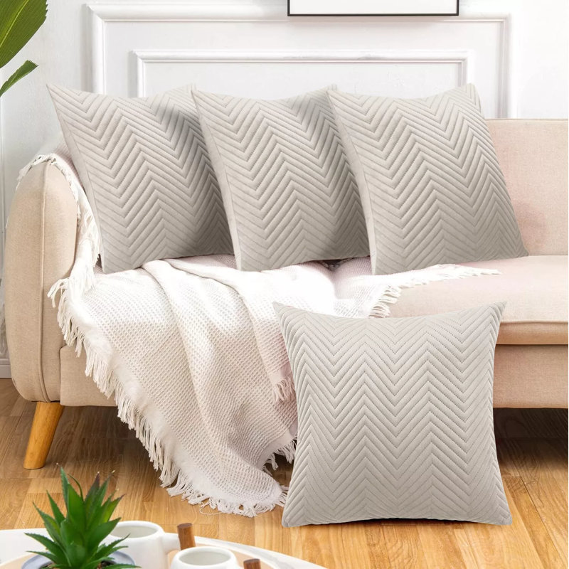 Luxury Chevron Embossed Quilted Pattern Velvet Cushion Cover Set (4-Pack) - Soft Throw Cushion Cover for Home Décor, Beige