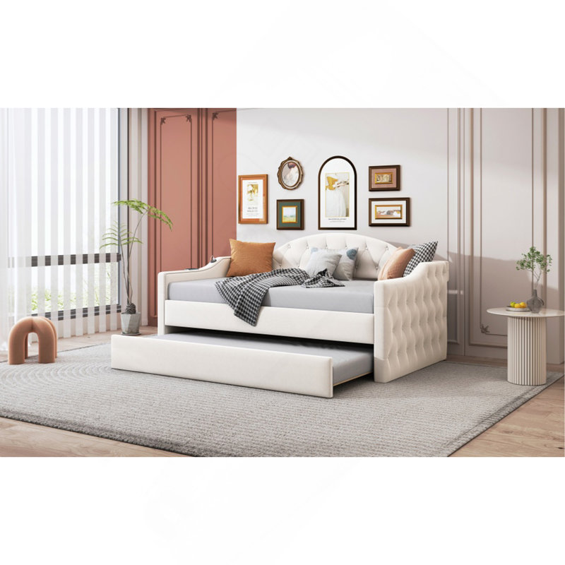 Twin Size Tufted Upholstered Daybed With Trundle ,Velvet Sofabed With USB&Type-C Charging Ports,No Box-Spring Needed, Beige