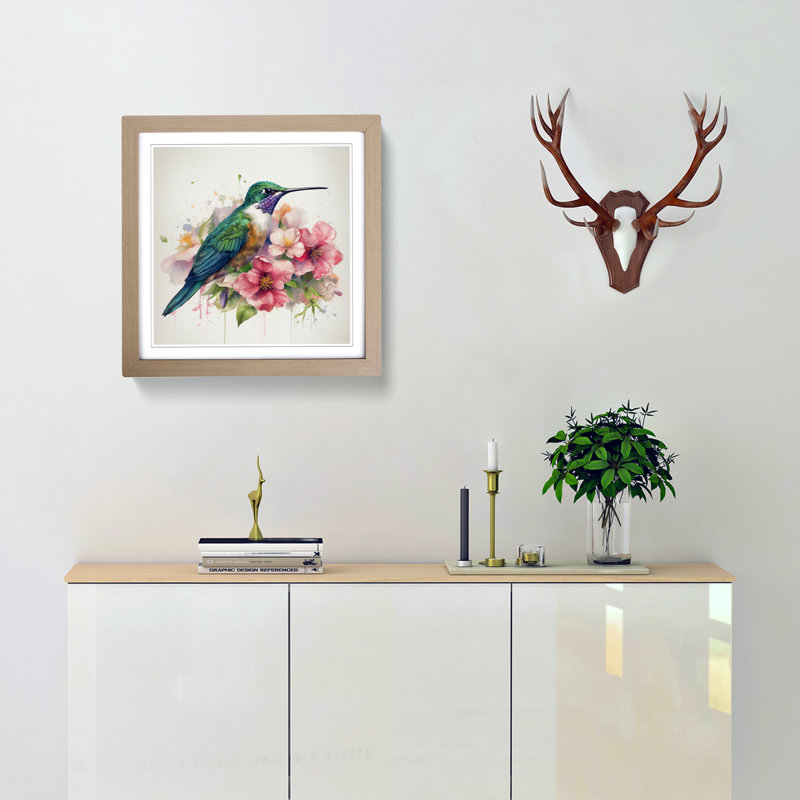 Hummingbird Floral - Framed Print, Oak