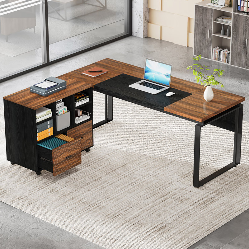 Burgener L-Shape Executive Desk with File Cabinet, Rustic Brown/Black