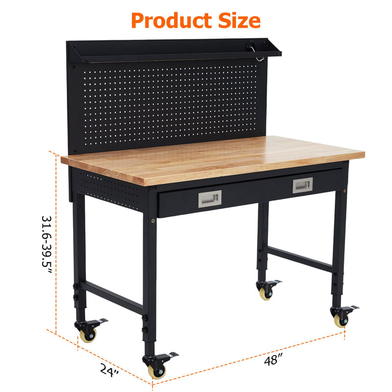 Workbench Adjustable Height 72-100cm Oak Plank & Carbon Steel Heavy Duty 2000lbs Capacity Black Bench 48"x24" Hardwood 3m Cable 30 Hooks