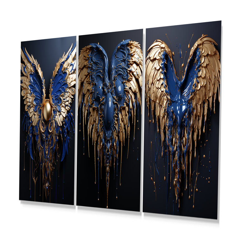 Royal Blue And Gold Angel Wings I - Fantasy Metal Prints Set Of 3, 28" H x 36" W
