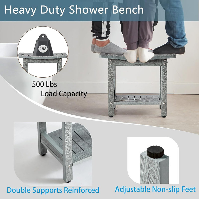 Banc de douche étanche avec poignées, tablette de rangement et support pour pommeau de douche