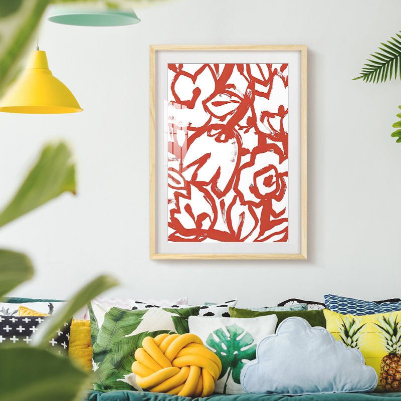 «Red Brush Floral I», impression encadrée, Naturel, H 28,5 po x l 20,5 po