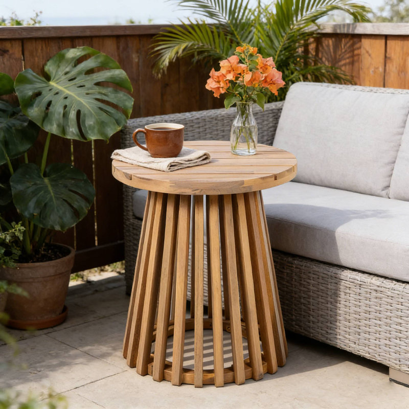 Light Teak Round Coffee Table, Acacia Wood Outdoor Patio Side Table For Backyard, Brown