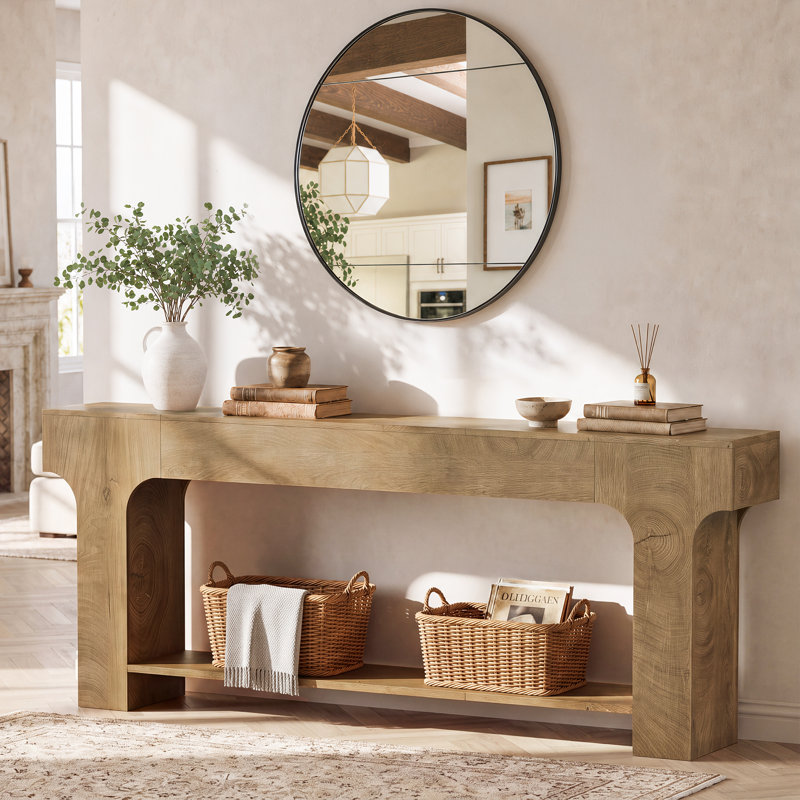 Console extra-longue de 200 cm avec tablette de rangement ouverte