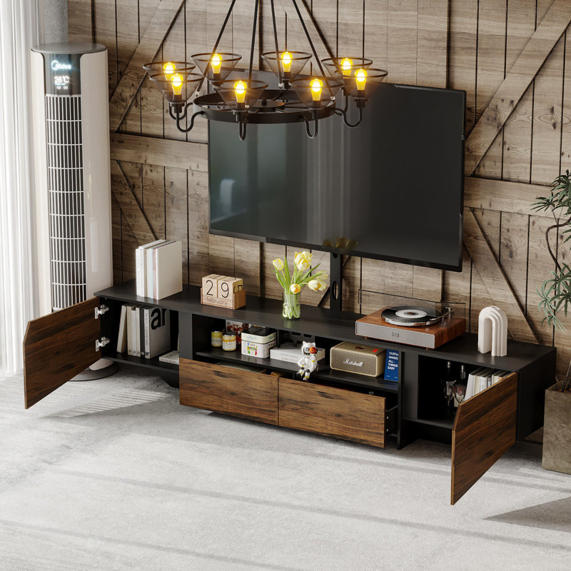 Rustic Modern TV Stand With Storage Cabinets And Open Shelves, Compatible With Tvs Up To 85 Inches