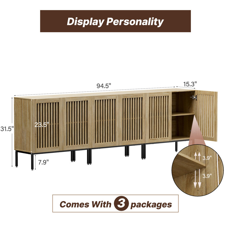 Modern Buffet 90 Inch, 3 In 1 Entertainment Center Tv Console With Storage Cabinets And Metal Base, Oak