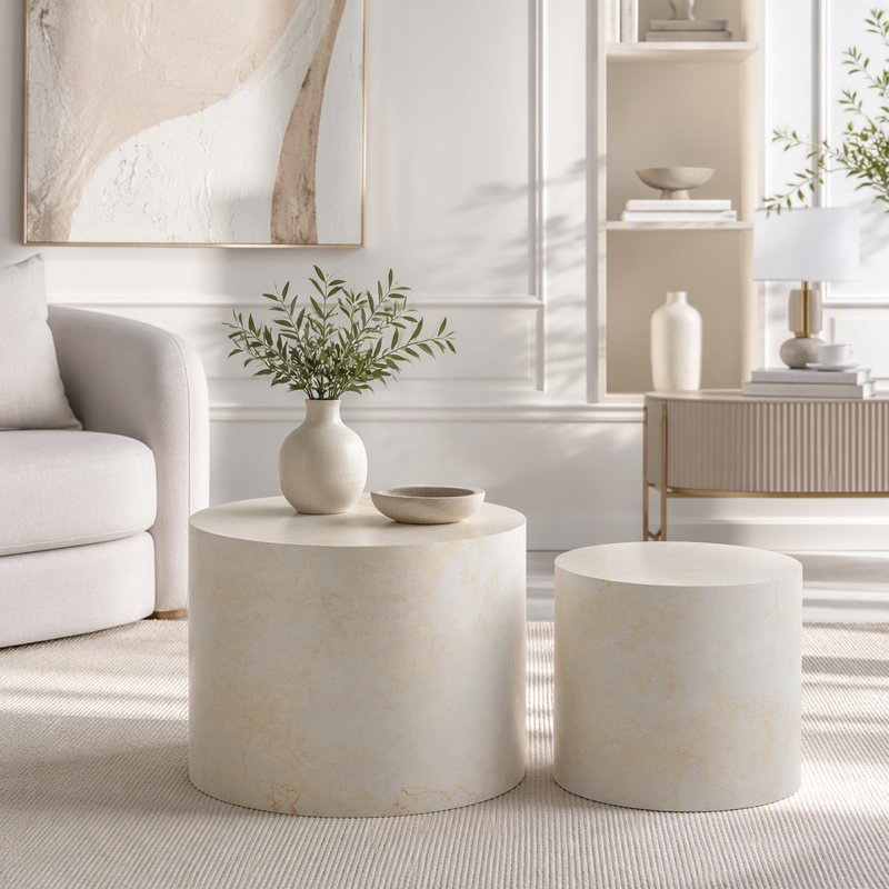 Ensemble de 2 tables basses rondes Nesting, Beige et blanc
