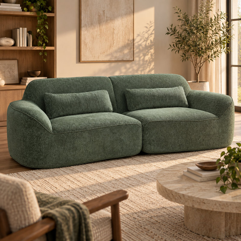 Canapé incurvé moderne de 242 cm avec méridienne, ensemble de 2 pièces en mousse verte, entièrement assemblé
