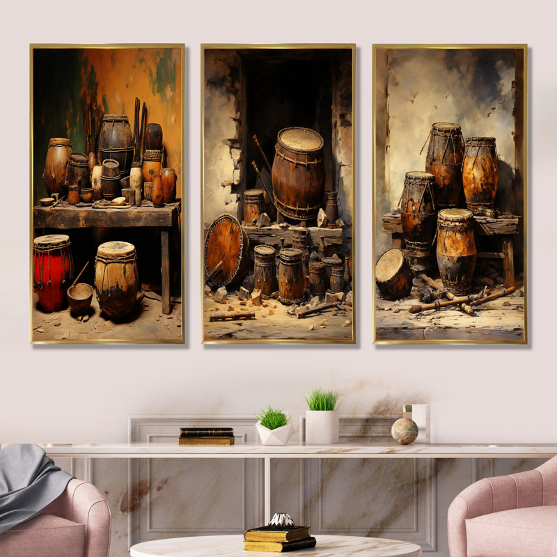 «Brown Music Drums», rythme rythmique - Ensemble de 3 impressions sur toile, Cadre flottant doré, H 32 po x l 48 po