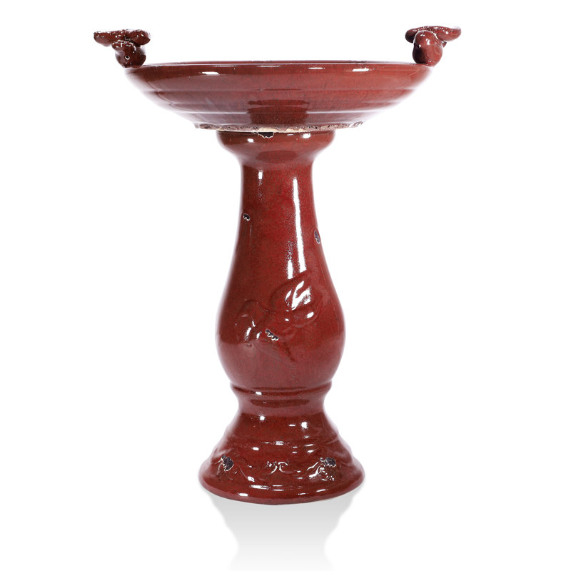 Ceramic / Porcelain Pedestal Birdbath, Red