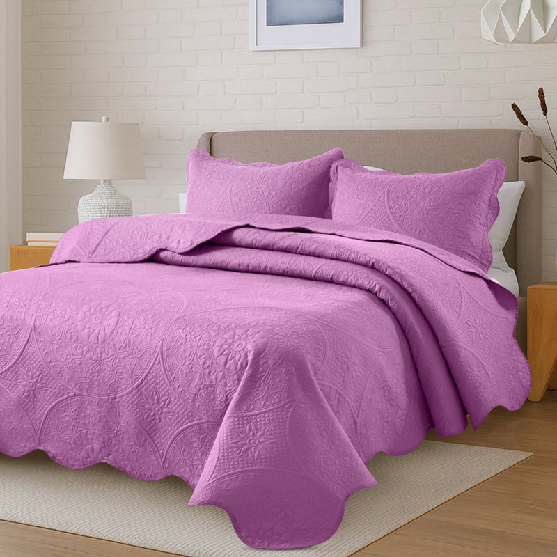 Floral Embossed Quilted Bedspread Set, Oversized and Lightweight Bedding Set with Pillow Shams, Purple