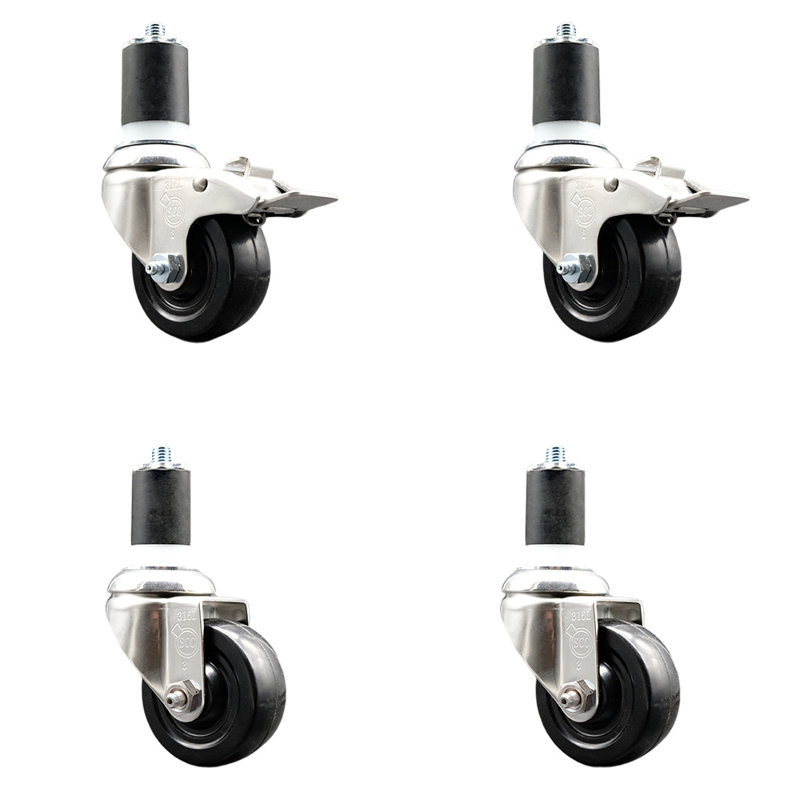 Soft Rubber Swivel Stem Caster Set with 2 Lock Brake, 3" H x 3" W