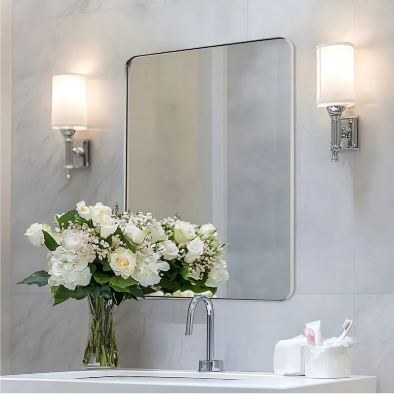 Inse Modern Rounded Rectangle Bathroom Vanity Mirror | Stainless Steel Frame, 28" x 20", Polished Chrome