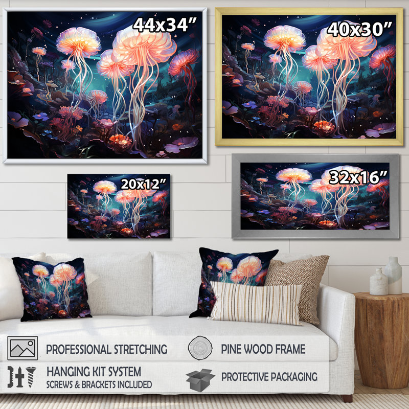 «Blue and Pink Jellyfish Dance I», reproduction sur toile, H 30 po x l 40 po x P 1,5 po, Cadre flottant blanc