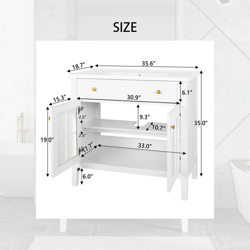 Meuble-lavabo blanc 36 po avec lavabo en céramique, lumière DEL à capteur de mouvement et portes en verre à motifs, White