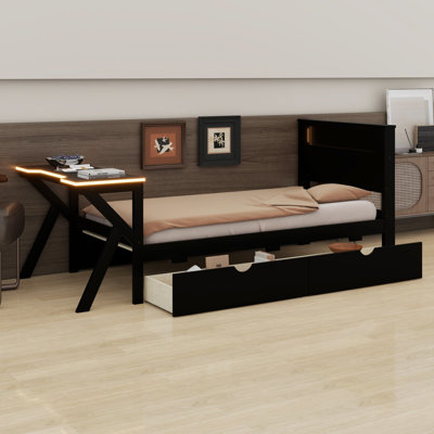 Lit plateforme en bois avec tête de lit à DEL, bureau à DEL, USB et deux tiroirs de rangement