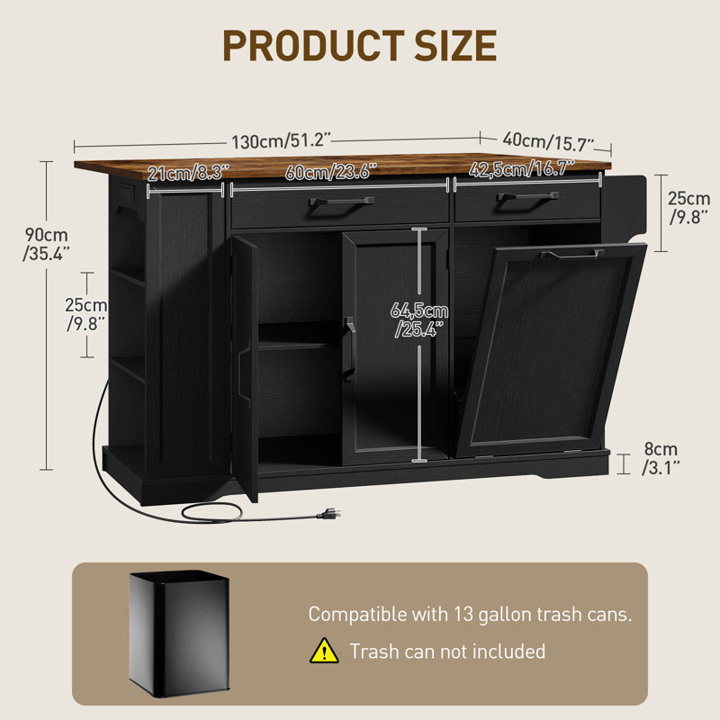 51.2" Kitchen Island with Power Outlet & Drop Leaf, Farmhouse Rolling Kitchen Cart with Trash Storage Cabinet, Black
