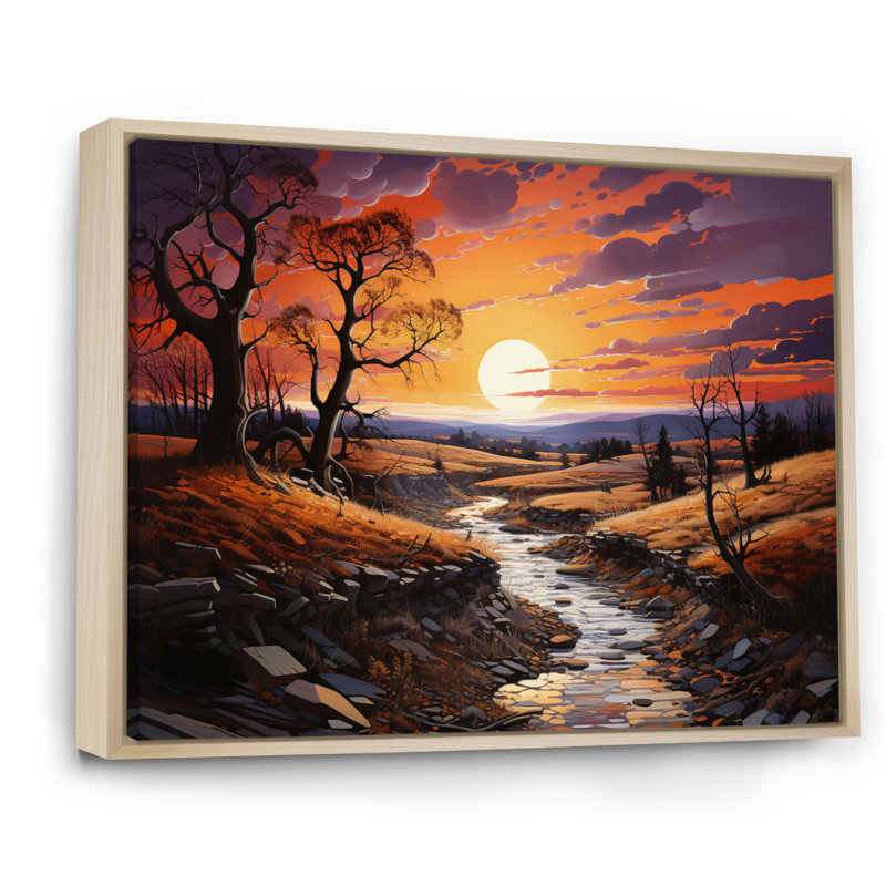 Coucher de soleil peint ciel pastoral, H 12 po x l 20 po x P 1 po, Cadre naturel flottant