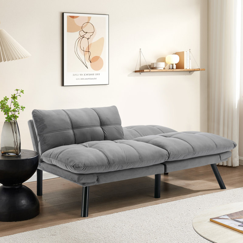 Merrium Twin 70.9'' Velvet Convertible Sofa, Light Gray Velvet