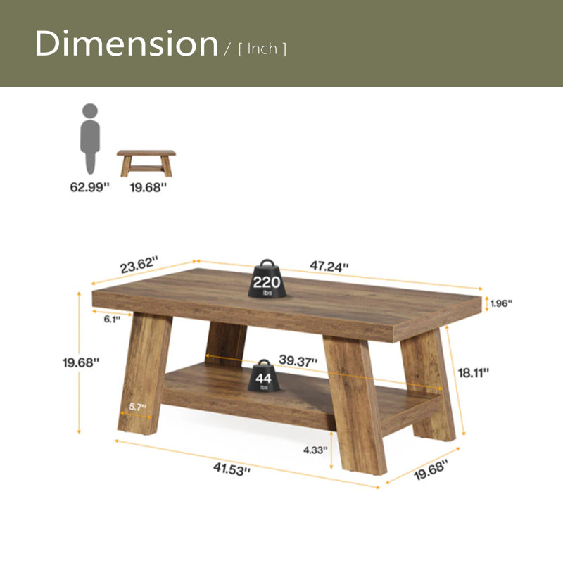 Rustic Tea Table,Spacious Coffee Table,2-Tier Center Table
