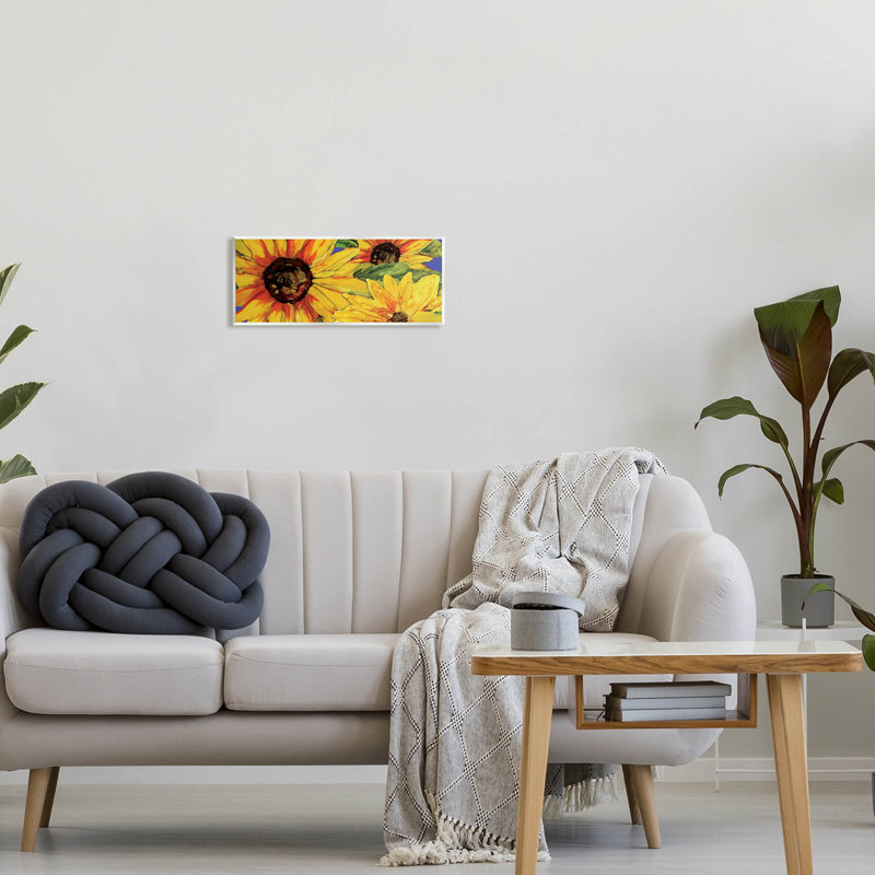 Trio de tournesols modernes jaunes par Erica Christopher - impression sans cadre sur panneau de fibres à densité moyenne