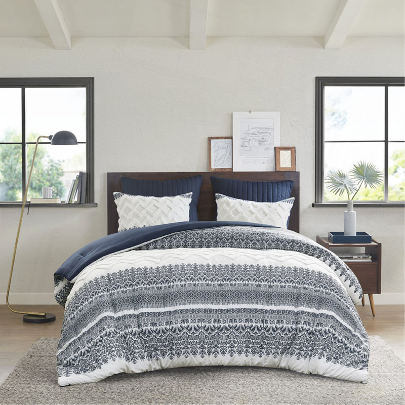 3 Piece Cotton Comforter Set With Chenille Tufting Navy King, King Comforter + 2 Shams, Navy