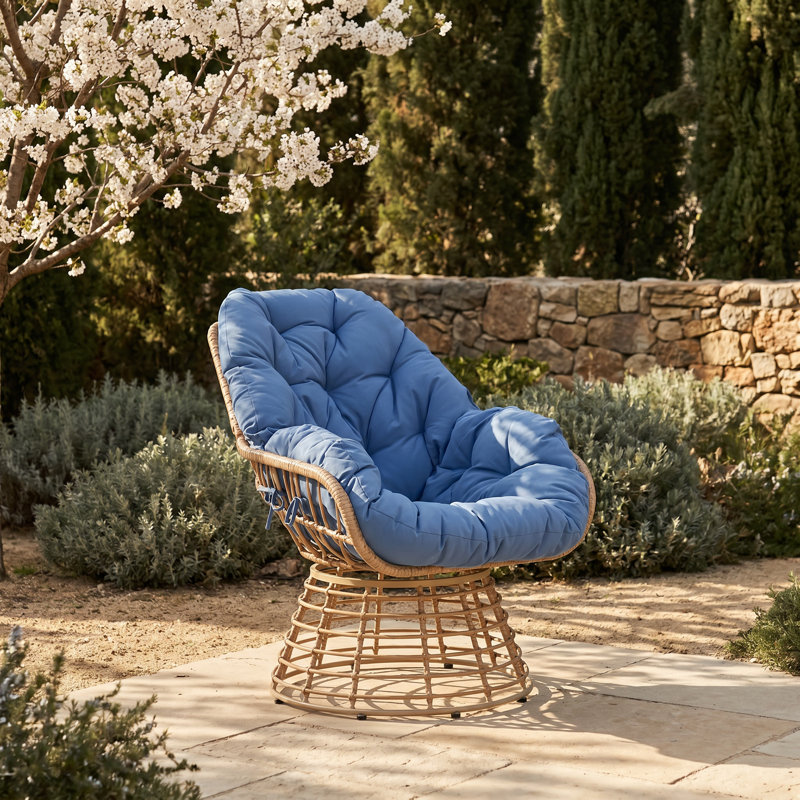 Chaises longues pivotantes en osier pour 2 personnes avec table d'appoint ronde et coussins, Bleu