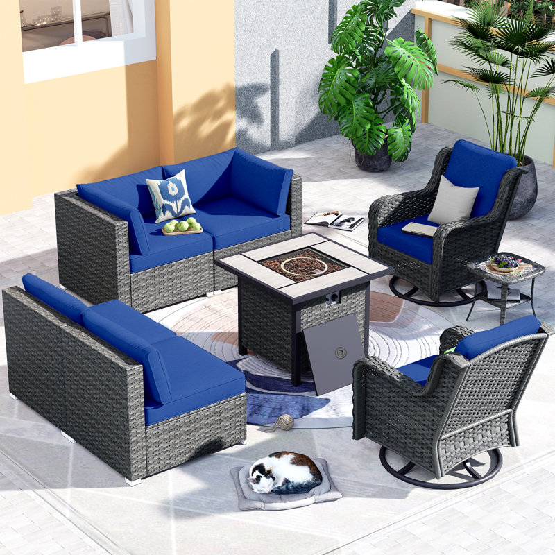 Ensemble de conversation avec canapé et coussins 8 pièces, Bleu marine
