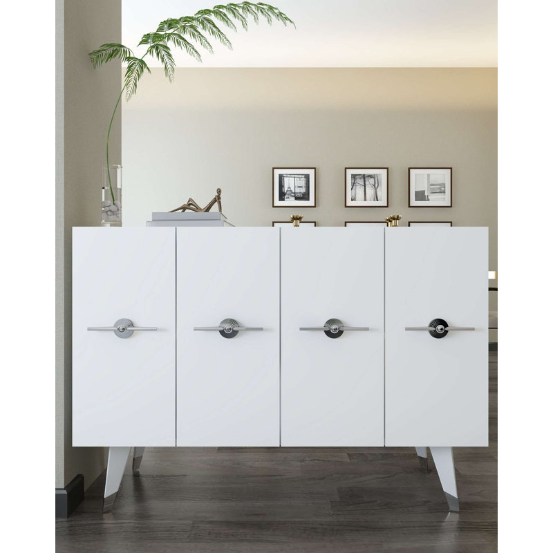 Modern Console Table with Wall Mounting, White & Silver, 100% Melamine Coated Particle Board, Thickness: 0.7 inches | Numerous Shelves, Stylish & Functional Design for Home or Office