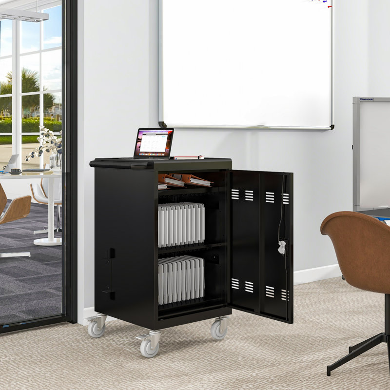 30+2Bay Mobile School Charging Cart Station For Chromebook, Tablet And Laptop Computer With Power Strip Included, Matt Black