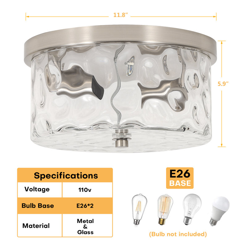 Alixandra 2-Light Flush Mount Ceiling Light With Clear Hammered Glass, 11.81" L x 11.81" W x 5.9" H, Brushed Nickel