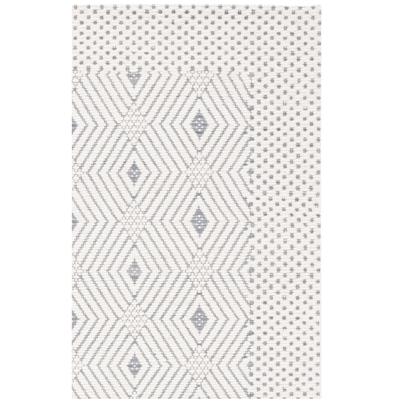 Tapis géométrique en laine / polyester tissé à la main Manya en blanc / bleu, Rectangle 8 pi x 10 pi