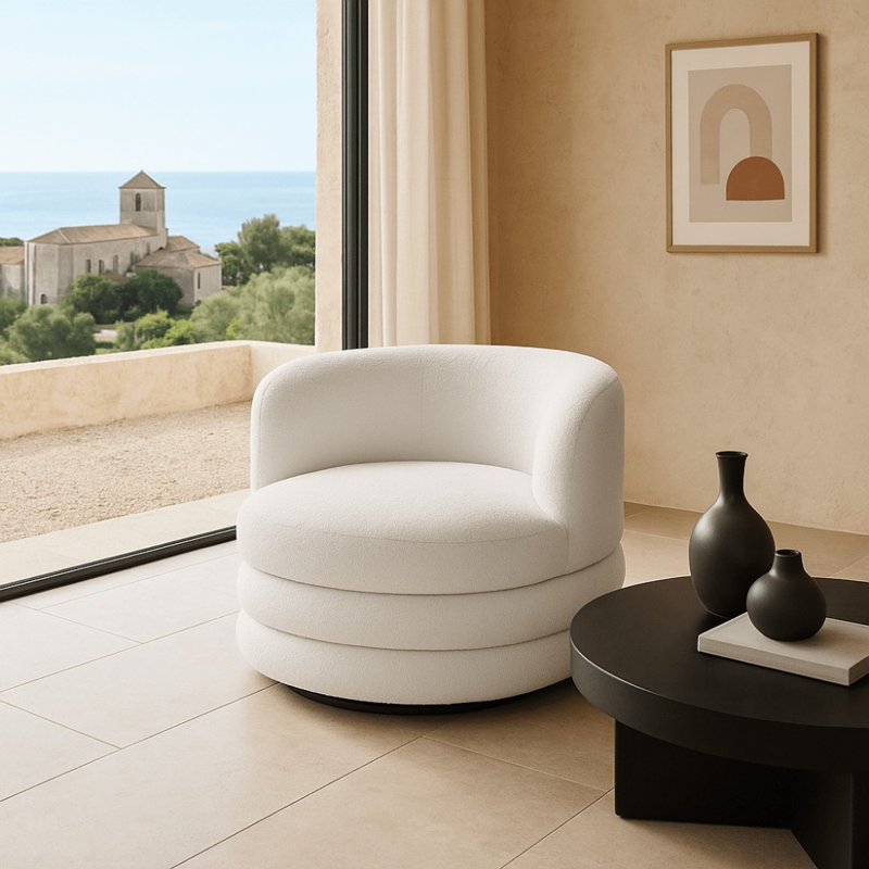 Chaise d'appoint pivotante revêtue de fleurs de sureau, Ourson blanc, H 29 po x l 41 po x P 35 po