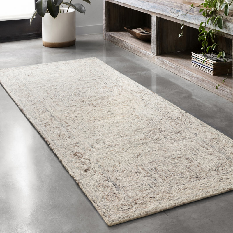 Tapis beige en laine touffeté à la main Yancheva, Tapis de couloir 2 pi 6 po x 13 pi