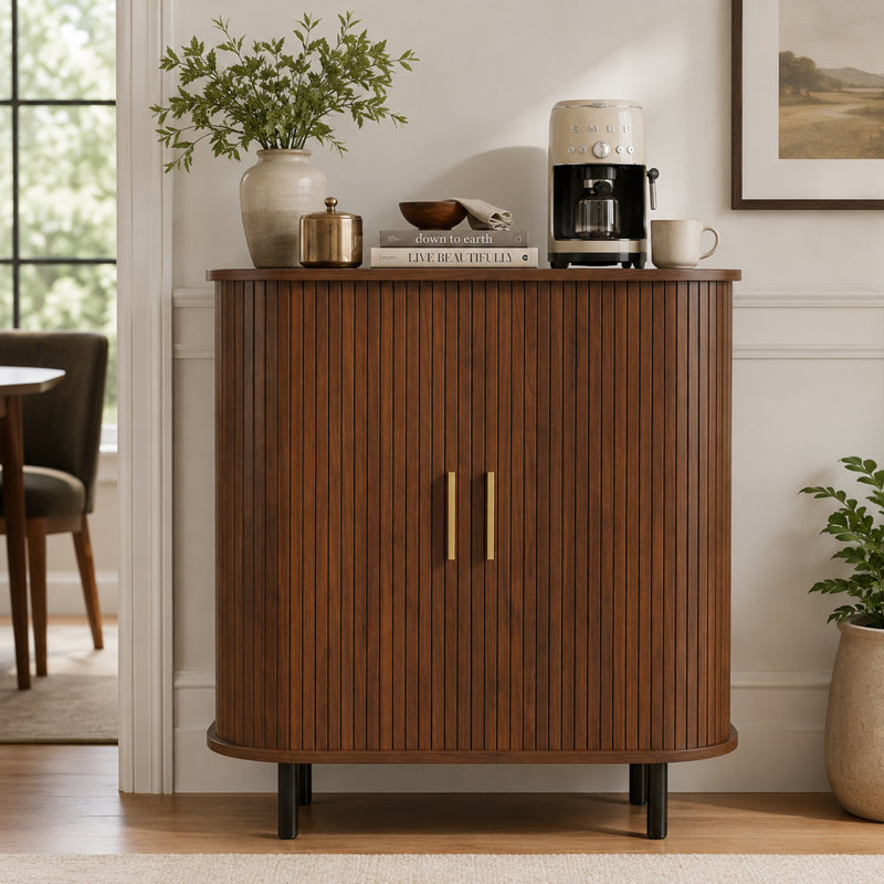 Meuble-bar à vin cannelé avec portes coulissantes à tambour et étagères ajustables