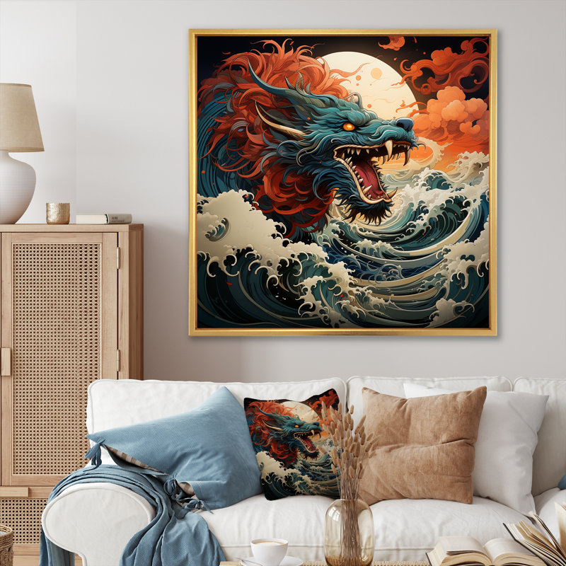 Dragon japonais sur la vague au large de Kanagawa I - Dragons, art mural, Cadre flottant doré, H 36 po x l 36 po x P 1,5 po