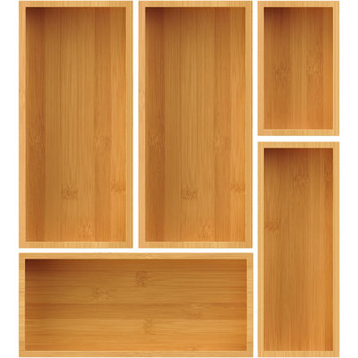 Bamboo Drawer Organizer Set, 5-Piece Storage Trays For Kitchen, Bathroom, Office Desk, Makeup & Junk Drawers,Utensils